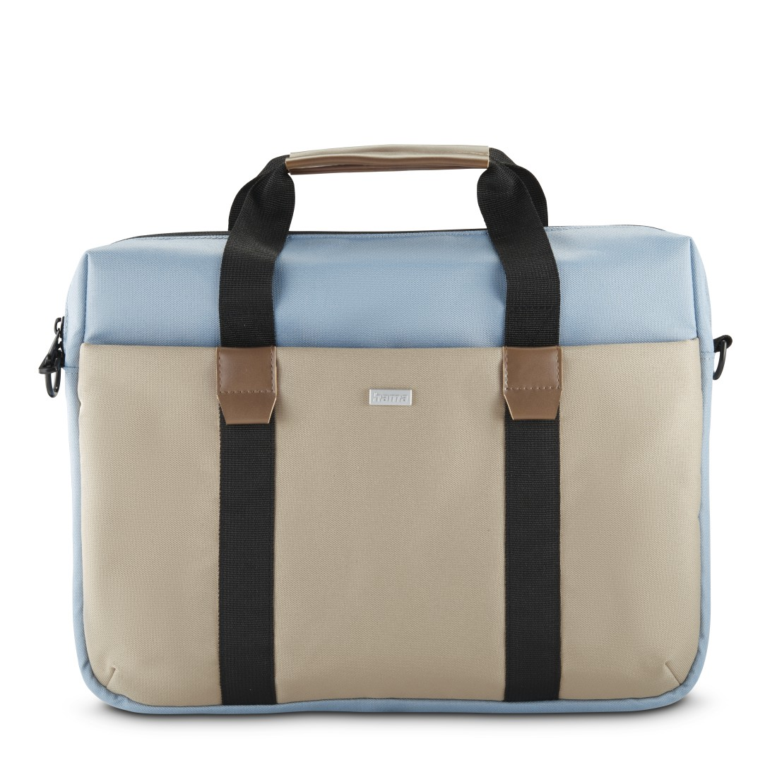 Eine blau-beige Aktentasche mit schwarzen Riemen und Griff, weißer Hintergrund.