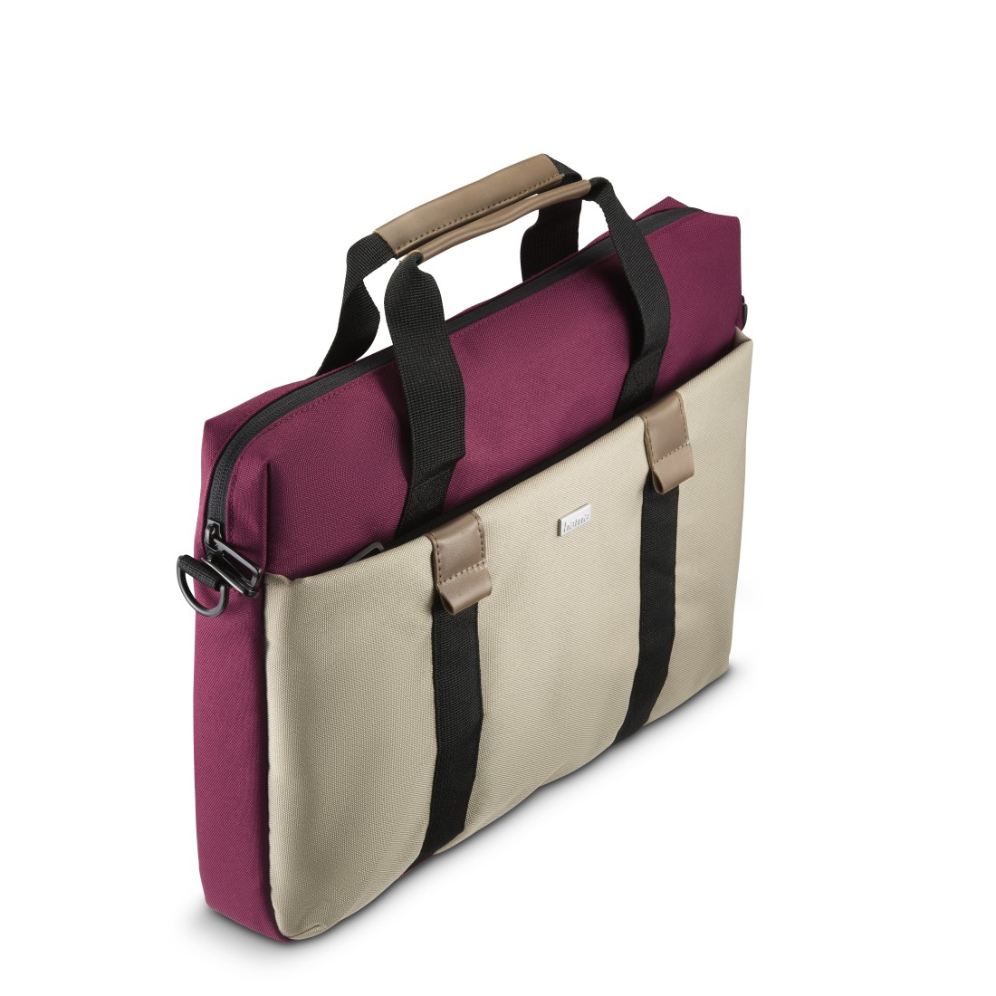 Eine weinrote und beige Laptoptasche mit schwarzen Griffen und einer braunen Griffumwicklung.