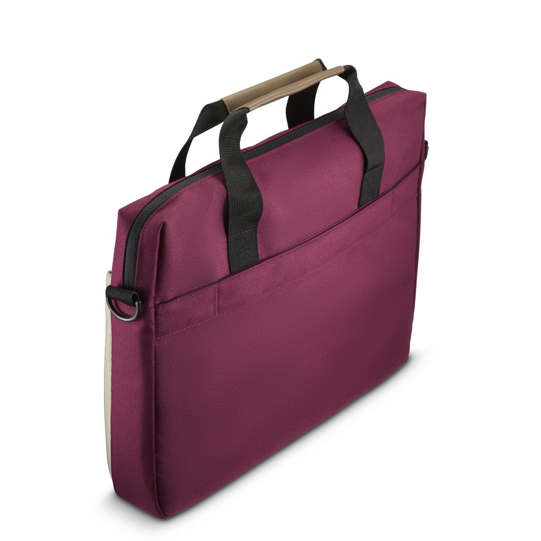 Burgunderfarbene Laptoptasche mit schwarzen Griffen und beiger Seite.