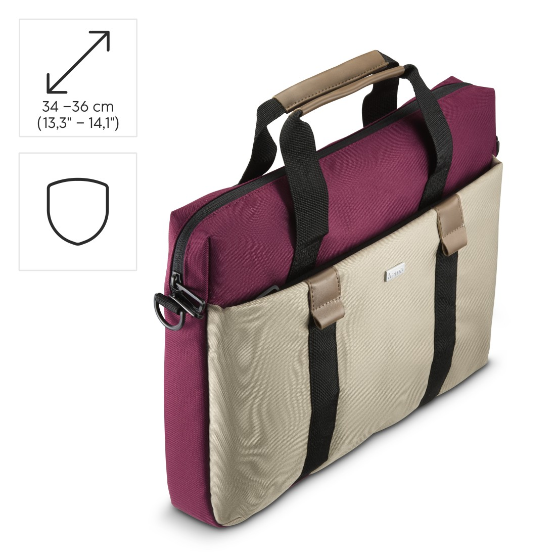 Laptoptasche, bordeauxrot und beige, Ledergriff.