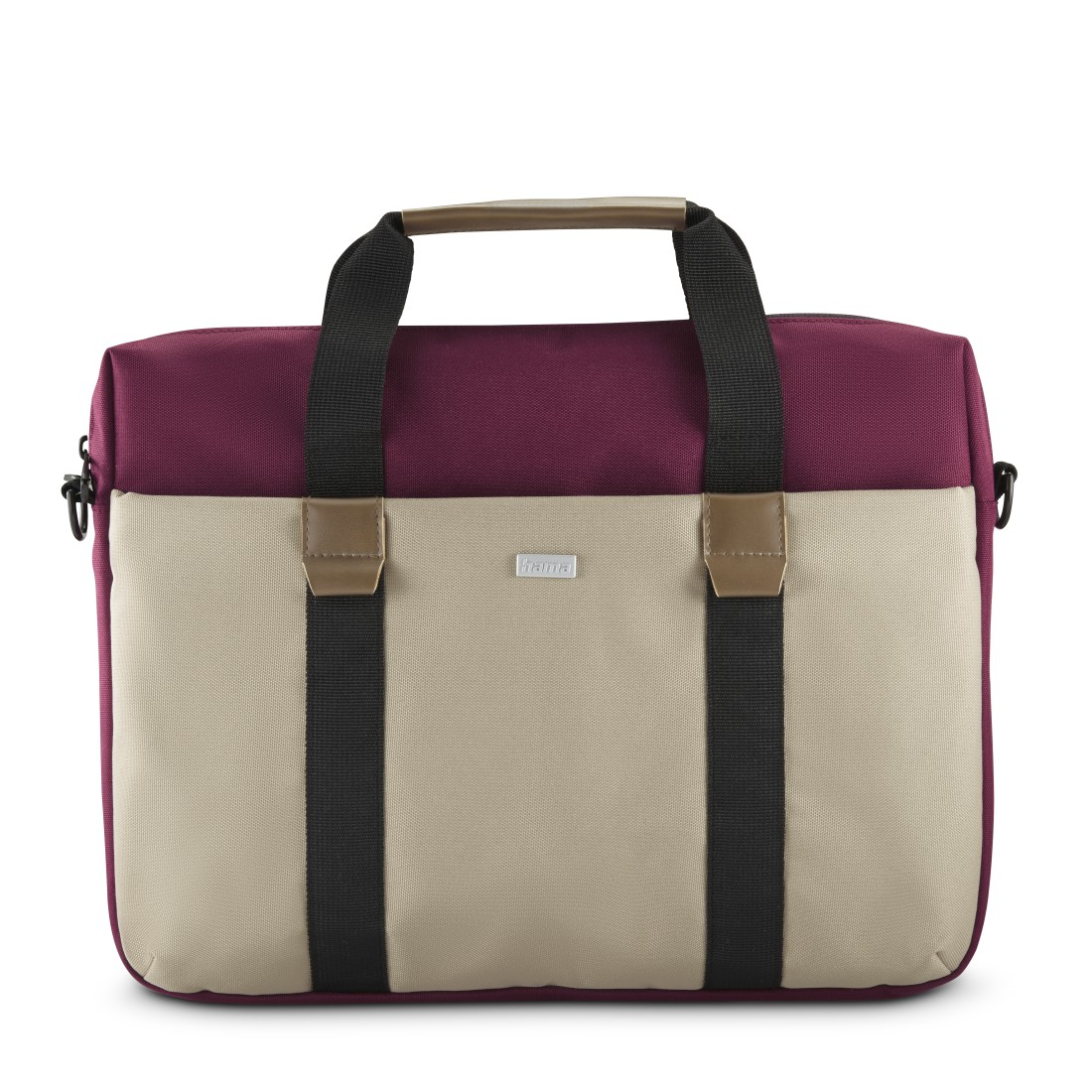 Eine weinrote und beige Hama Laptoptasche mit schwarzen Trägern und einem Griff. Die Tasche steht vor weißem Hintergrund.