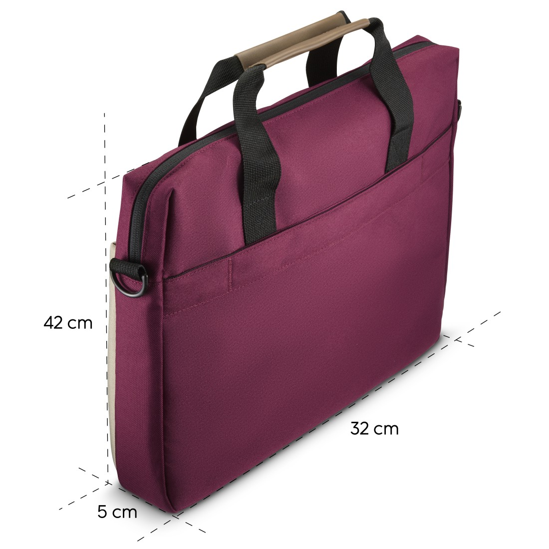 Bordeauxrote Laptoptasche mit angegebenen Abmessungen.