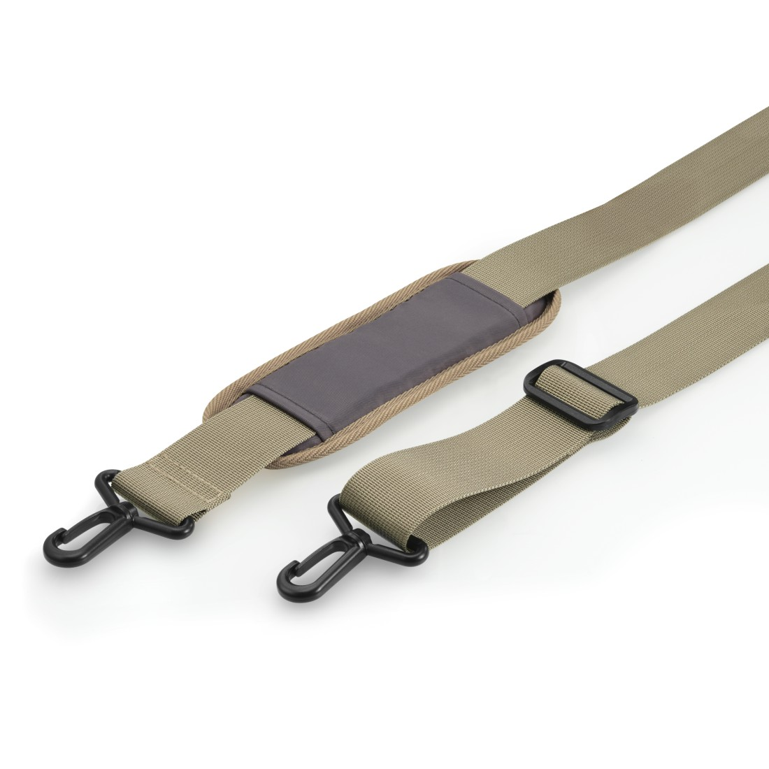 Beige und grauer Kameragurt mit schwarzen Haken.