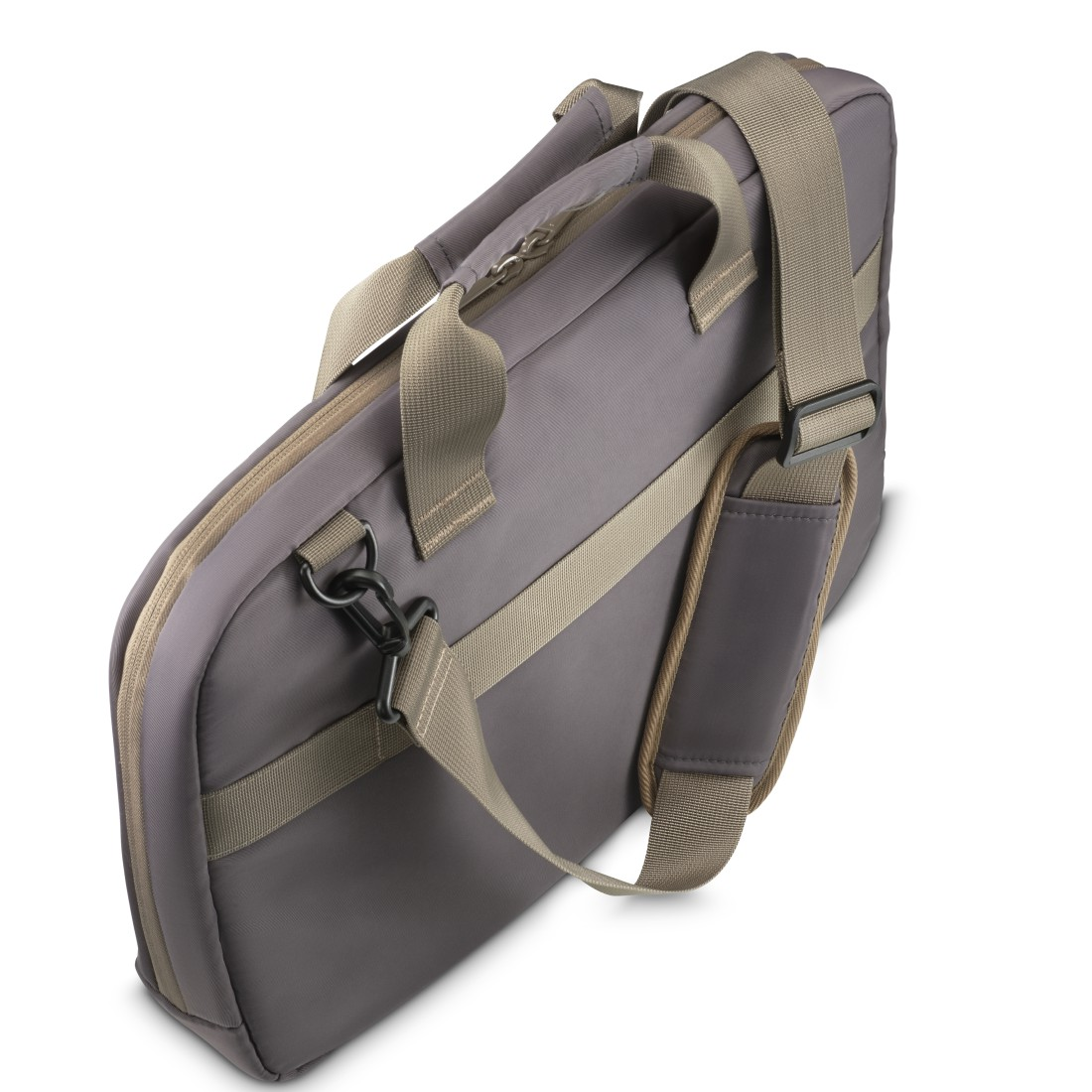 Eine graue Laptoptasche mit Griff und Riemen, aus erhöhter Perspektive aufgenommen, auf weißem Hintergrund.