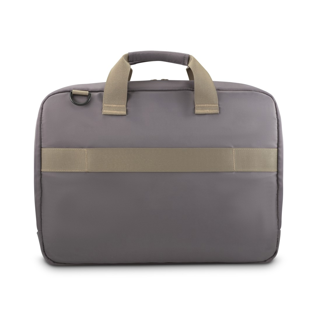 Graue Laptoptasche. Griff oben. Beiger Riemen in der Mitte. Einfaches Design. Weißer Hintergrund.
