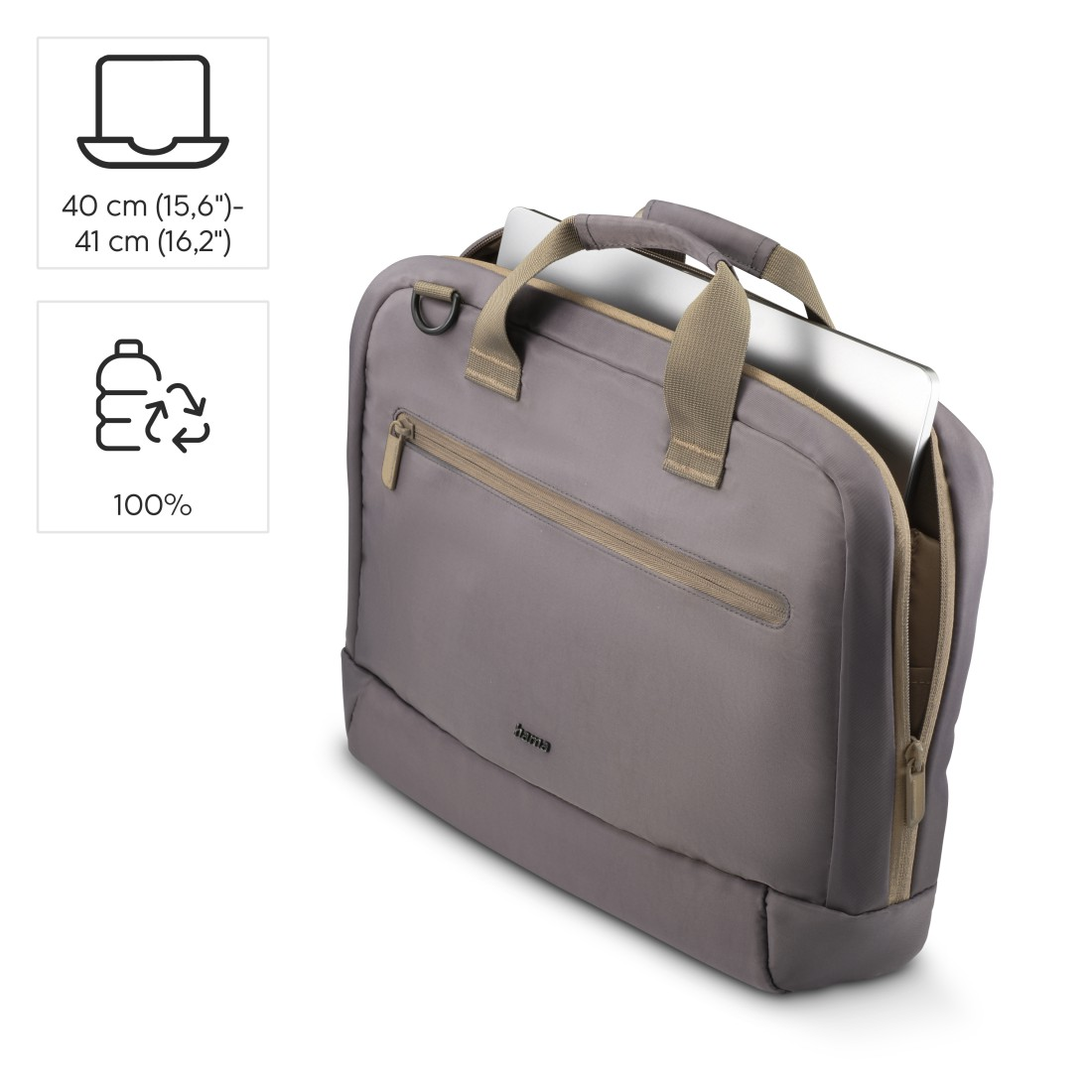 Eine graue Laptoptasche, geöffnet, um einen Laptop freizugeben, mit braunem Griff und grauem Hintergrund.