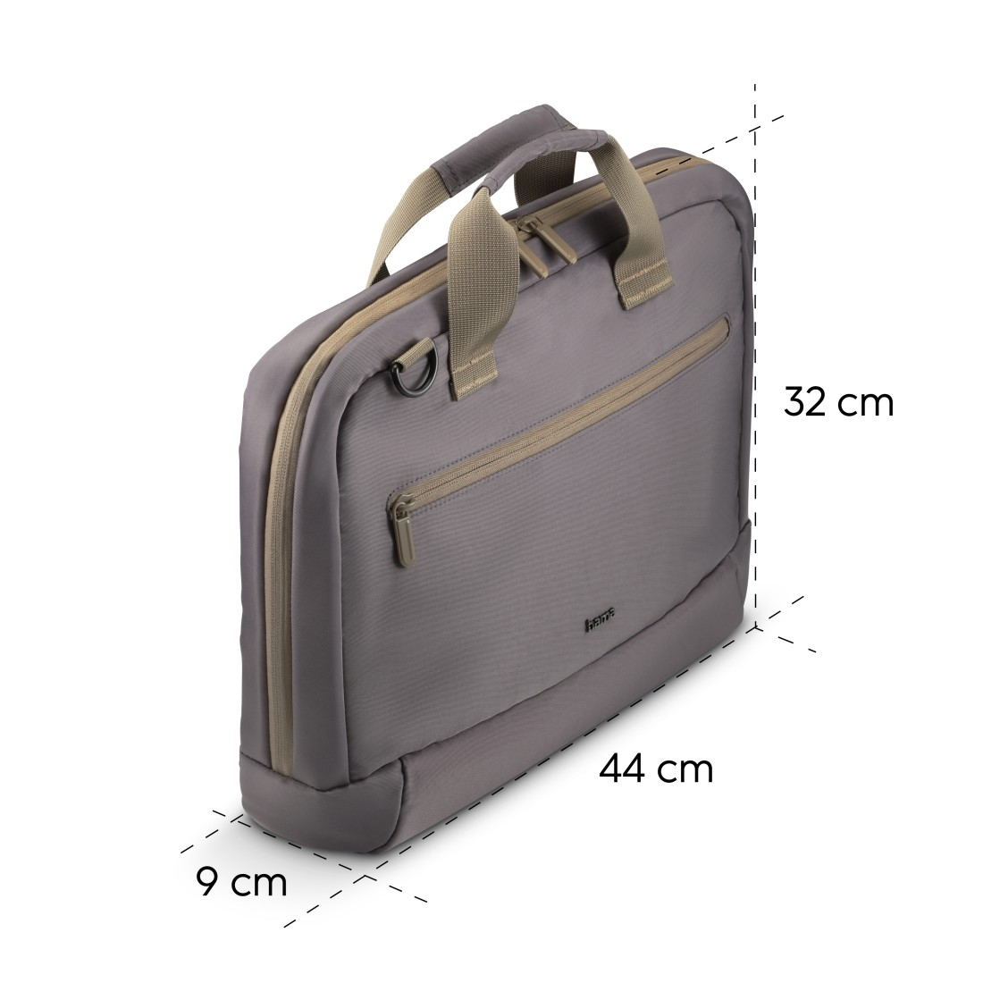 Eine graue Laptoptasche mit Griff und Reißverschlussdetails.