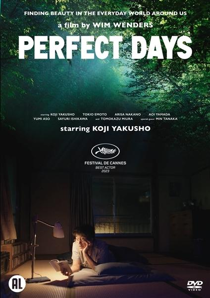 Couverture DVD de 'Perfect Days', avec un homme lisant dans une pièce.