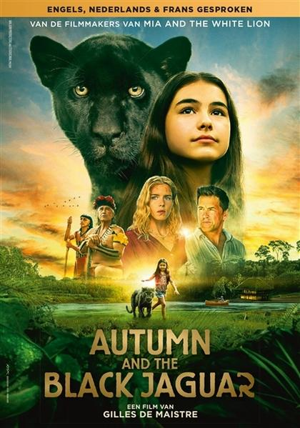 Affiche du film 'Autumn and the Black Jaguar'. Avec un jaguar, une fille et des gens dans la forêt.