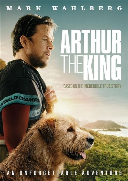 Affiche de film : Mark Wahlberg, 'Arthur the King'. Homme avec chien, scène en extérieur.