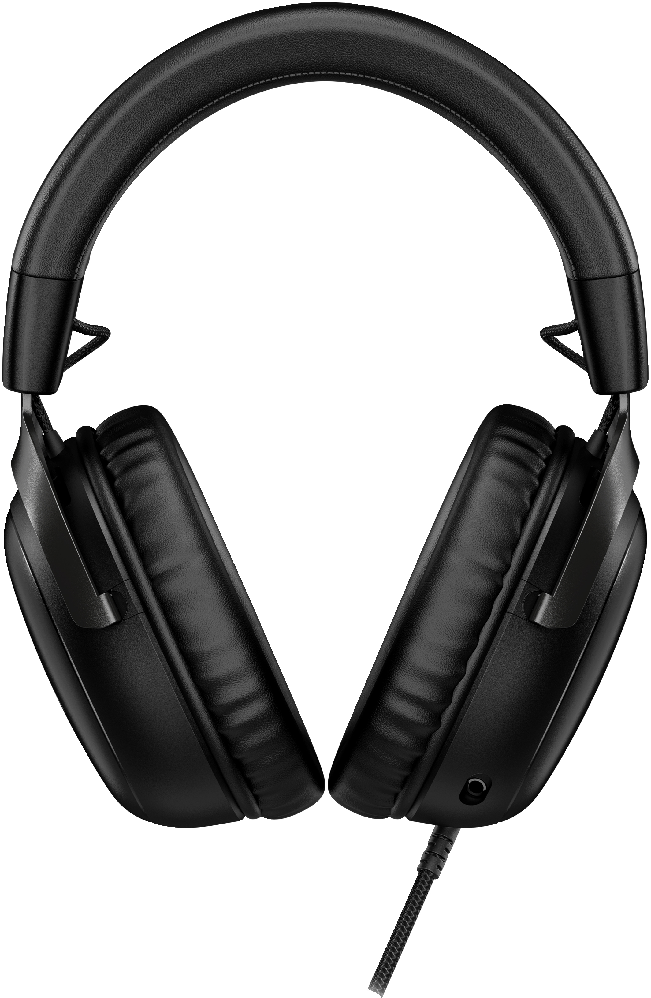 Schwarze Kopfhörer, Draufsicht. Ohrmuscheln und Kopfbügel sichtbar. Kabel angeschlossen.