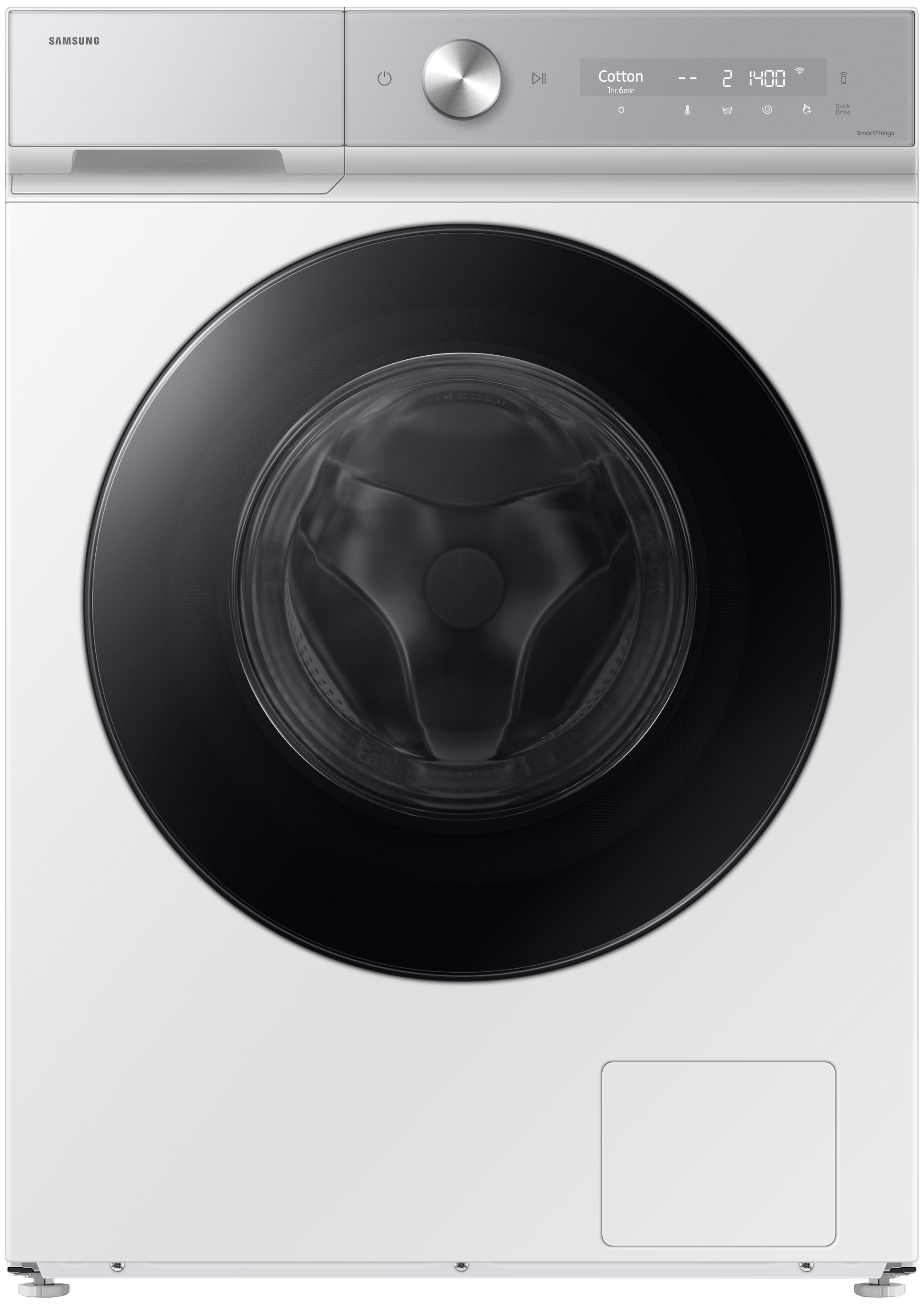 Eine weiße Samsung Waschmaschine mit schwarzer Tür. Bedienelemente sind silberfarben. Anzeigen umfassen Zeit und Wascheinstellungen.