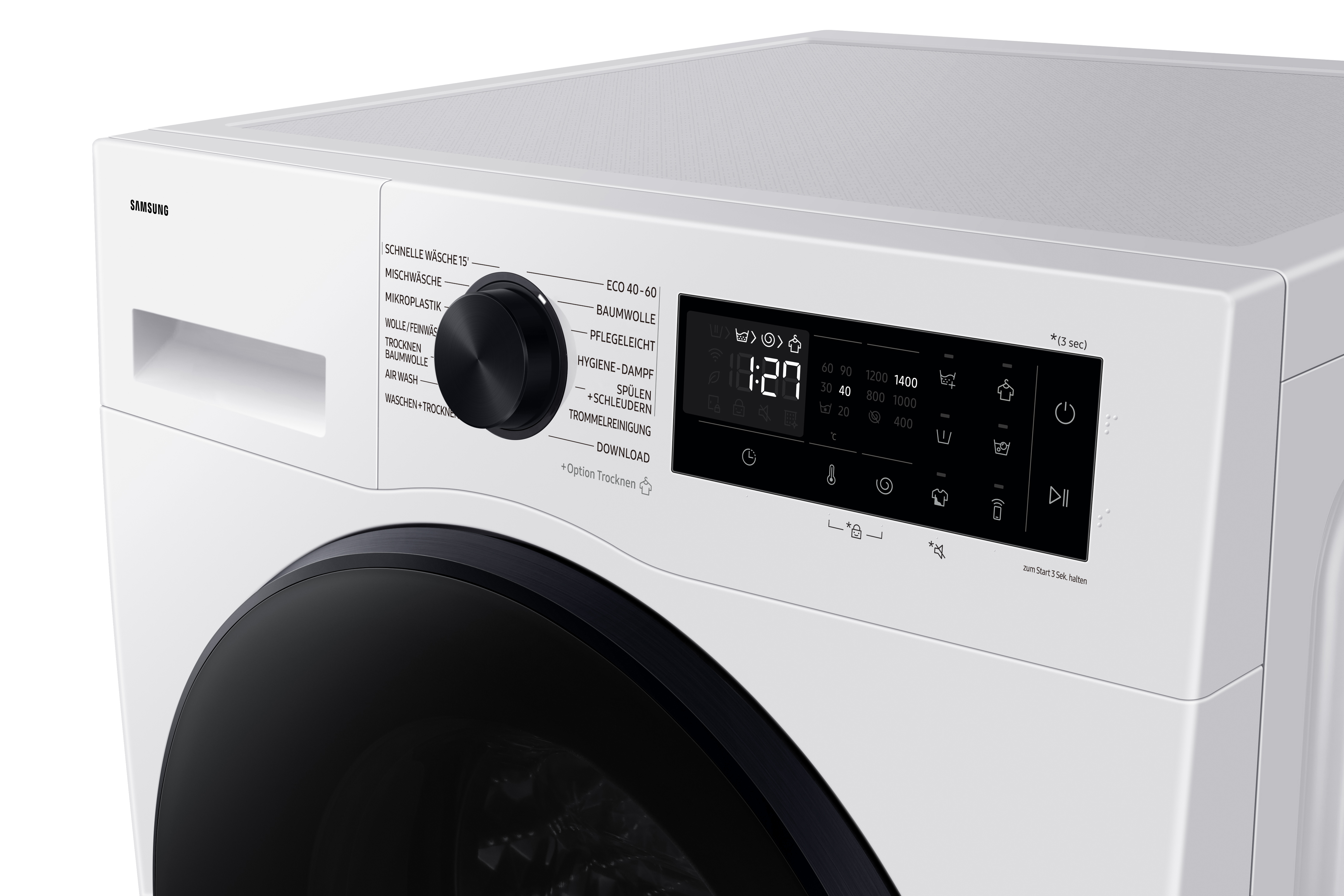 Nahaufnahme des Bedienfelds einer weißen Samsung Waschmaschine, mit schwarzem Drehknopf und Display.