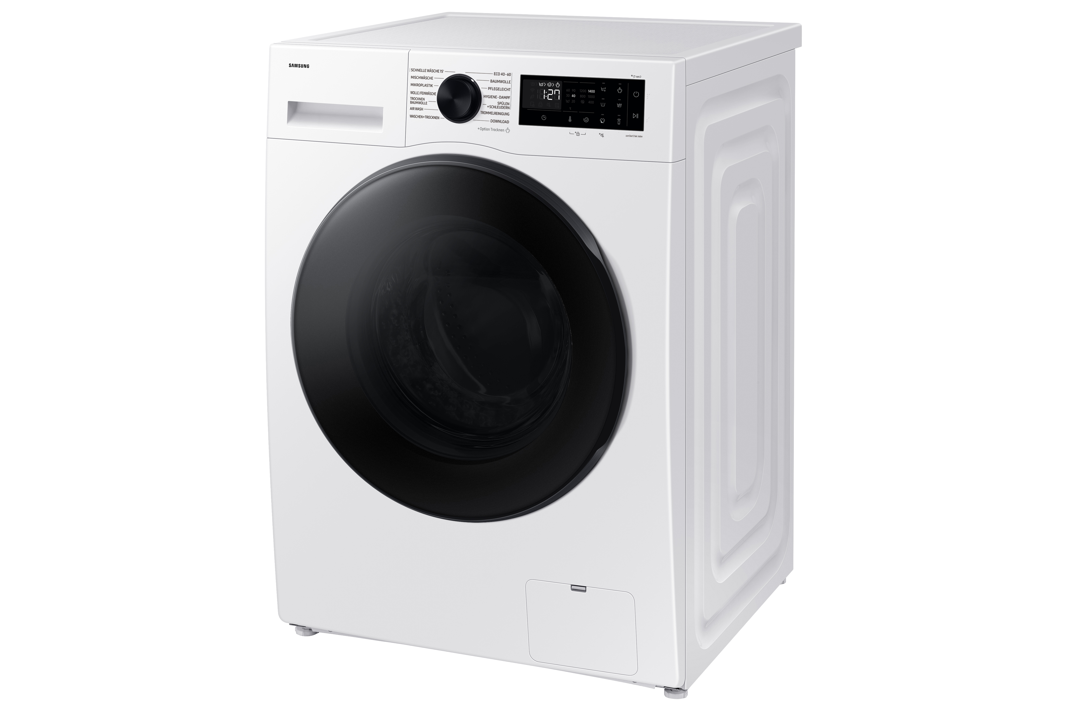 Weiße Waschmaschine mit schwarzer Tür und Bedienfeld oben.