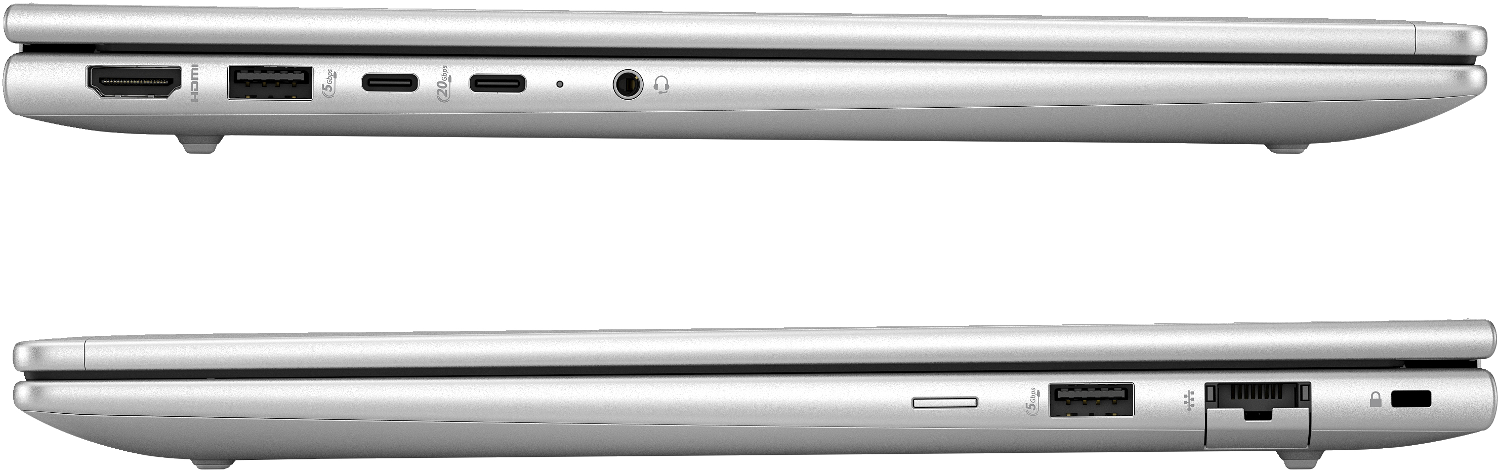 Zwei Seitenansichten eines silbernen Laptops, die Anschlüsse zeigen. Oben: HDMI, USB und Audio.