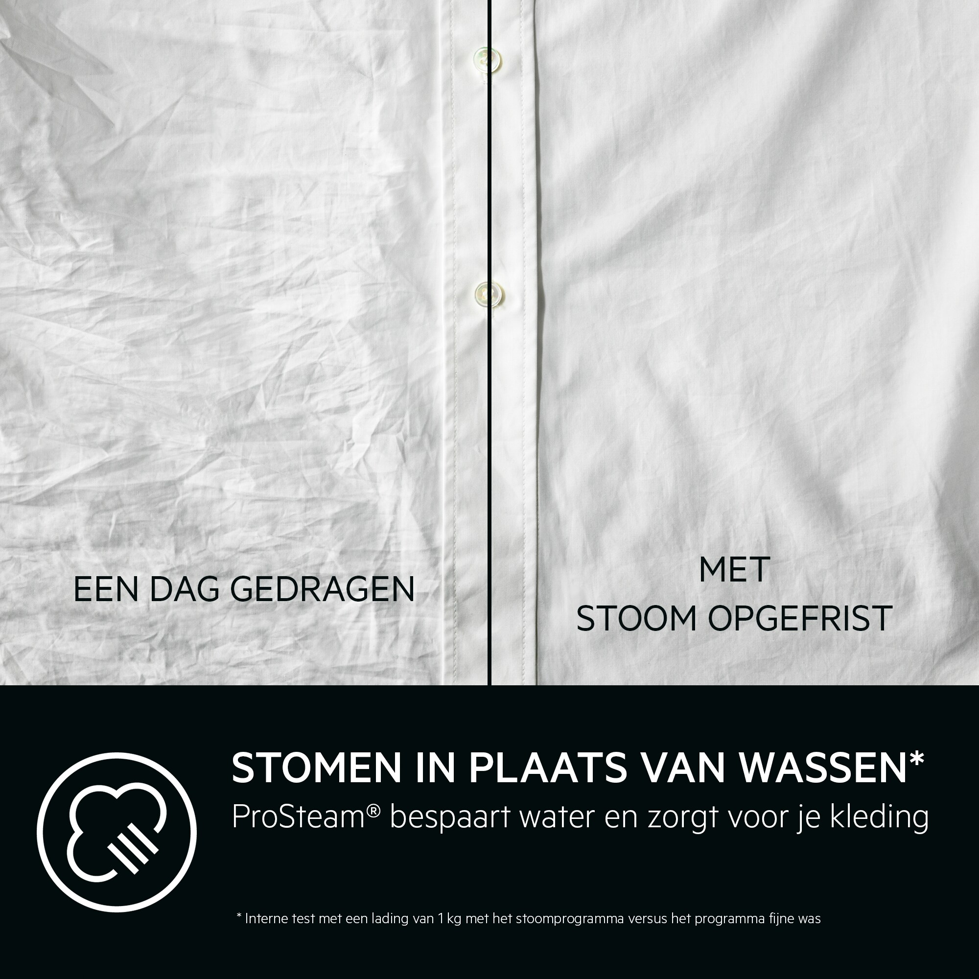 Shirtvergelijking: één kant gedragen, gekreukt; de andere kant gestoomd, glad. Tekst: 'Stomen in plaats van wassen'.