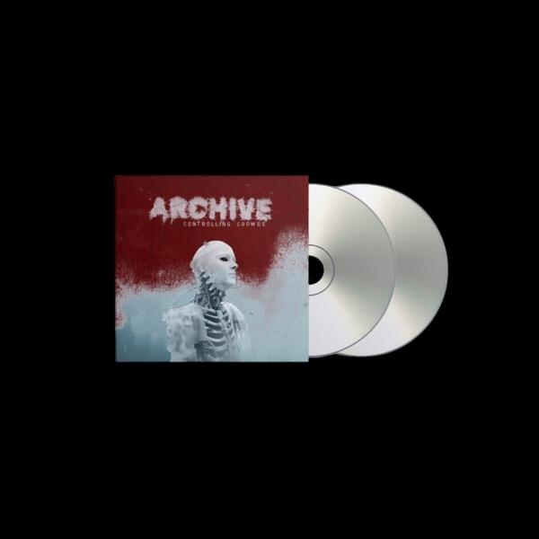 Pochette d'album Archive avec un fond rouge et une figure, et 2 disques argentés.