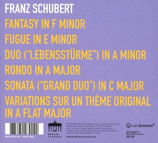 Ein Buchcover mit Text über Franz Schuberts Werk. Es hat einen lilafarbenen Hintergrund.