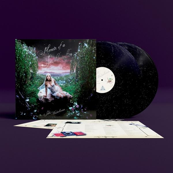 Albumcover mit Vinylplatten. Eine Frau sitzt, umgeben von Blumen. Zwei schwarze Vinylplatten mit weißen Punkten.