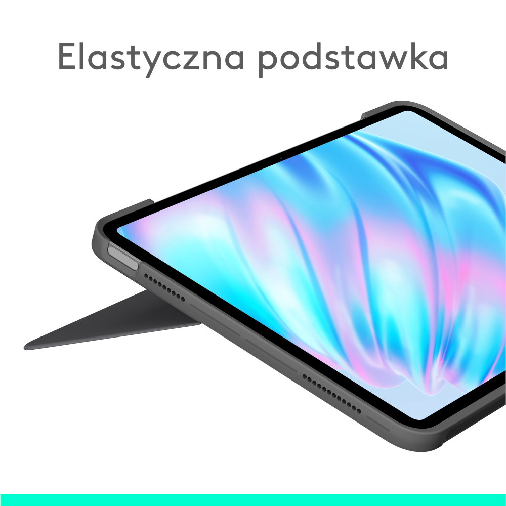 Tablet w czarnym etui ze stojakiem, z napisem Elastryczna podstawka.
