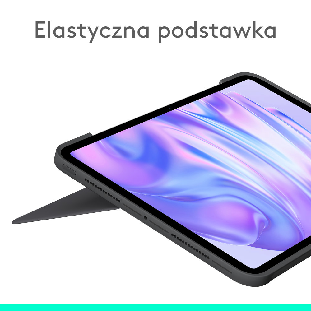 Tablet w czarnym etui z funkcją podstawki. Ekran wyświetla rozmyty fioletowy obraz.