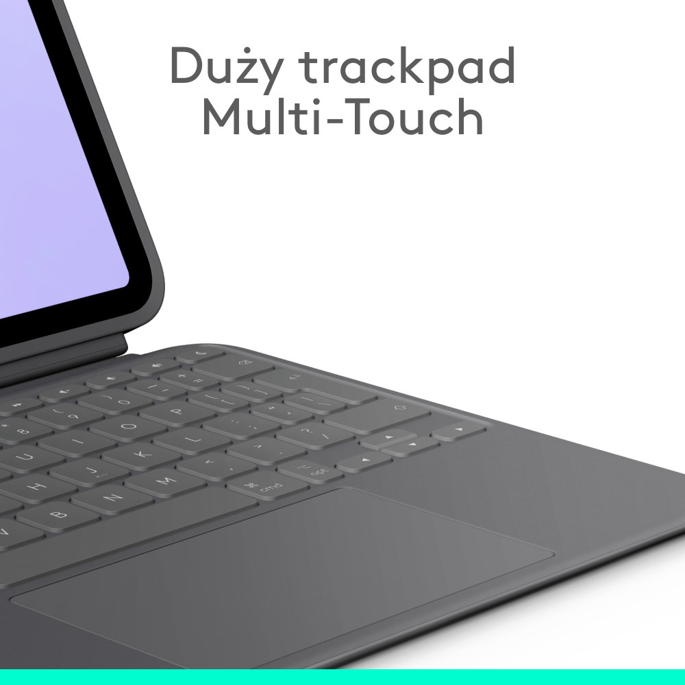 Zbliżenie szarej klawiatury z dużym gładzikiem i tekstem 'Duzy trackpad Multi-Touch'.