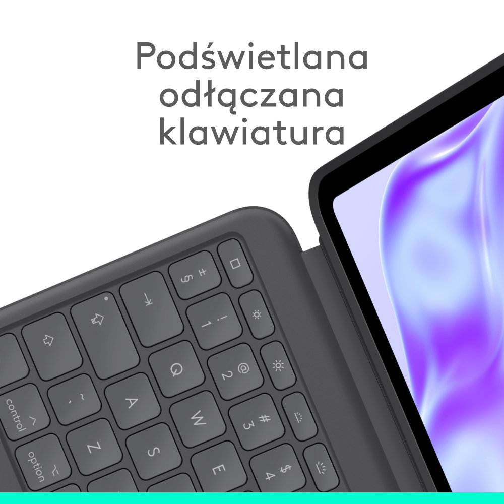 Zbliżenie szarej klawiatury przymocowanej do tabletu z białym tłem.