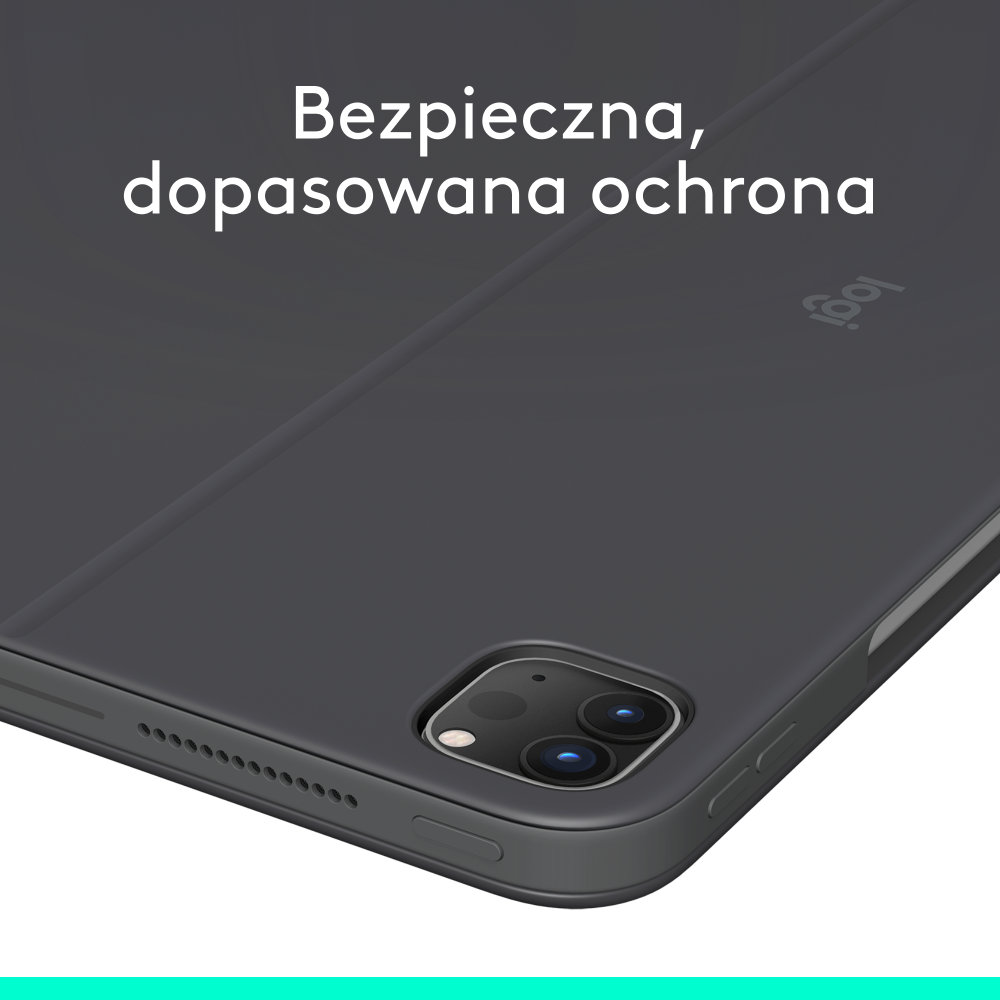 Zbliżenie ciemnoszarego etui na iPada z wycięciem na aparat. Tekst: Bezpieczna, niestandardowa ochrona.
