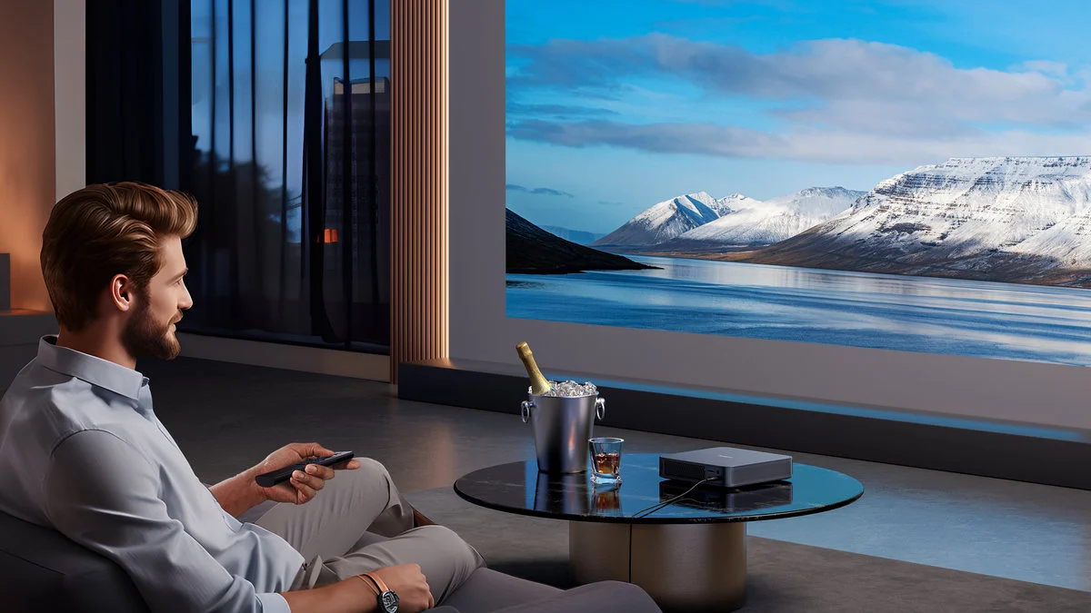 Mężczyzna oglądający wyświetlany obraz ośnieżonych gór i jeziora.