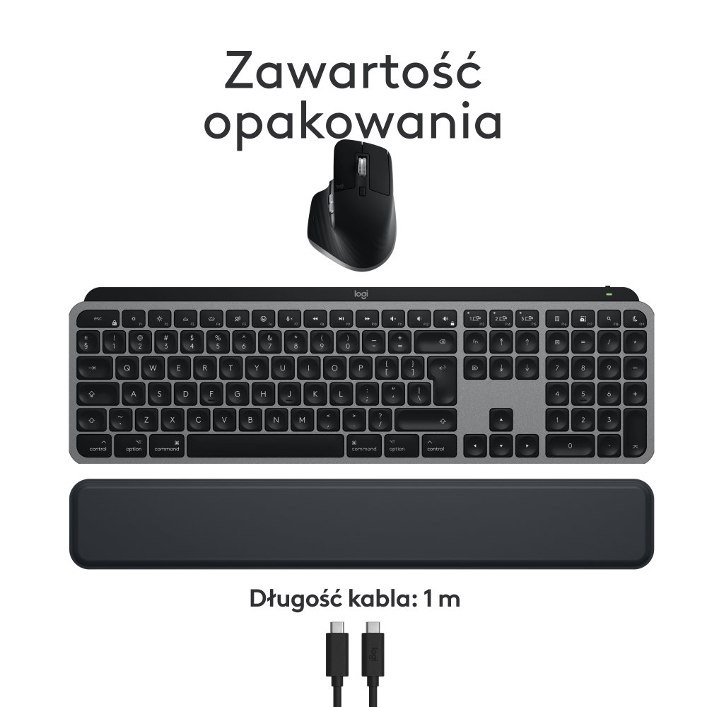 Czarna klawiatura, mysz i podpórka pod nadgarstek na białym tle, z kablem.