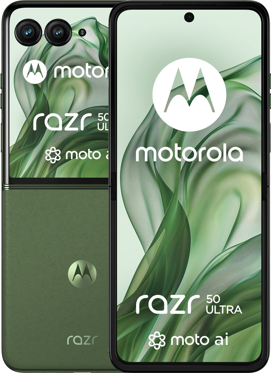 Zielony telefon Motorola Razr 50 Ultra, złożony i rozłożony, pokazujący ekran i aparaty.