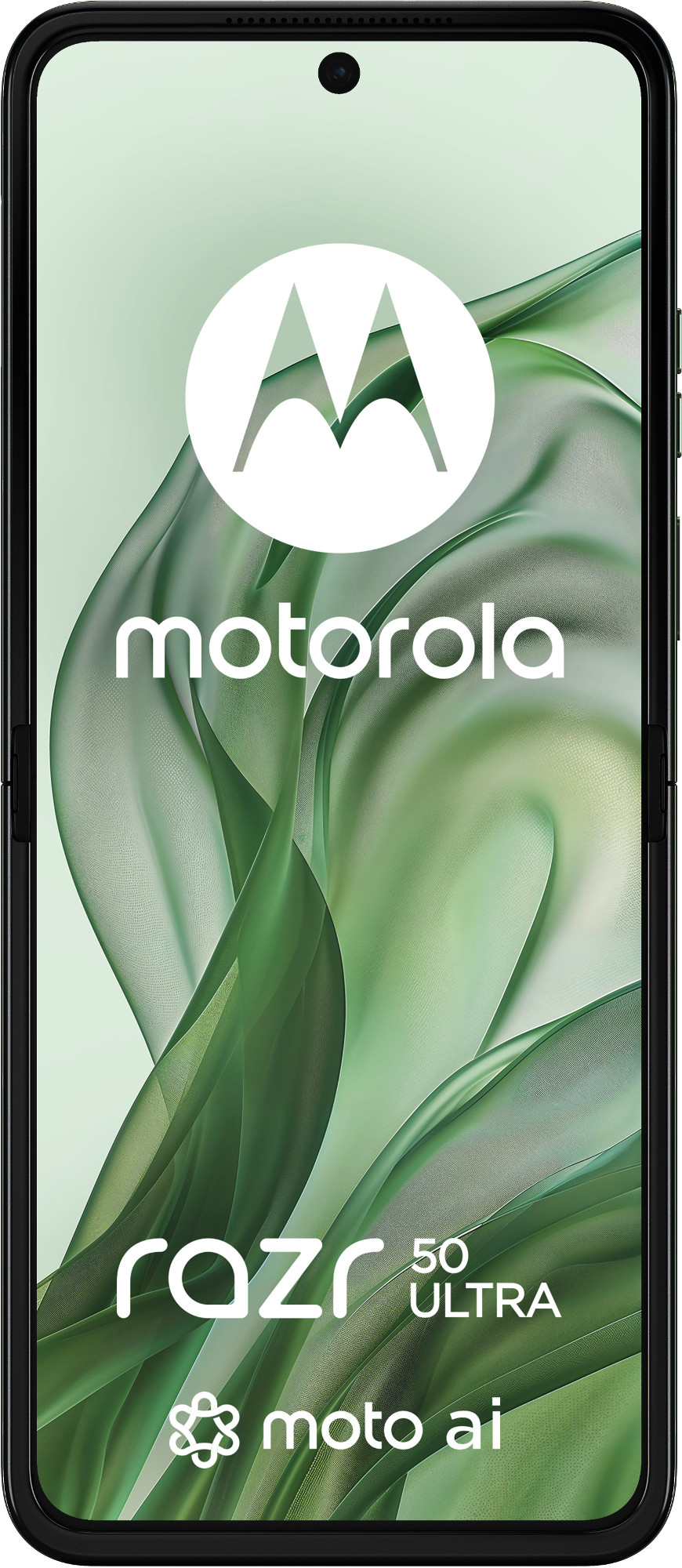 Telefon Motorola Razr 50 Ultra, widok z przodu. Posiada duże logo Motorola i zielone tło.