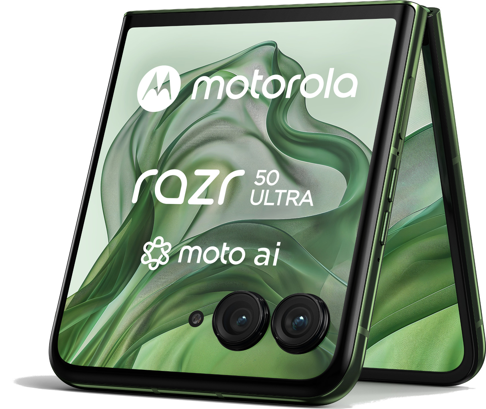 Zielony telefon Motorola Razr 50 Ultra jest otwarty.