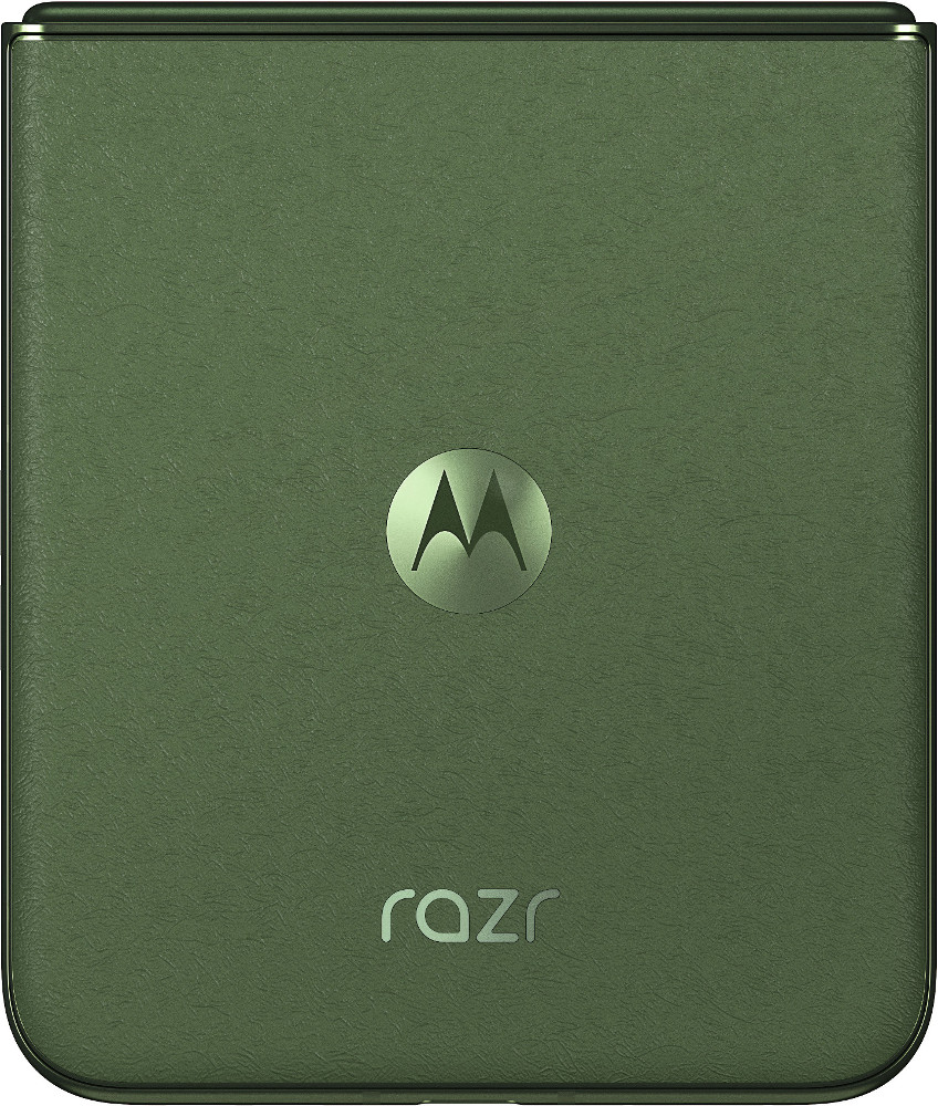 Składany zielony telefon Motorola Razr, zamknięty, z widocznym logo Motorola.