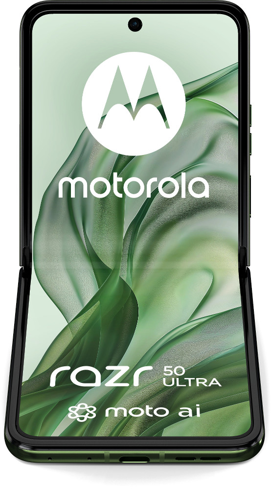 Złożony telefon Motorola Razr 50 Ultra na zielono-białym wzorzystym tle.