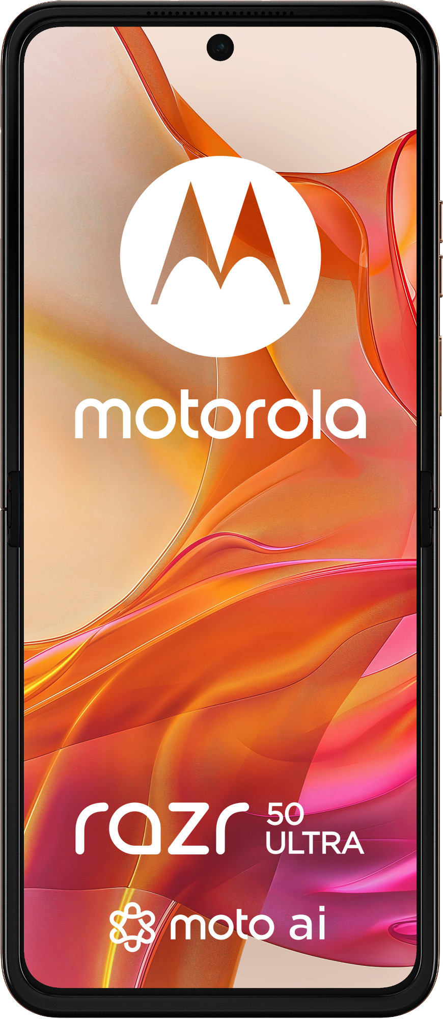 Smartfon Motorola Razr 50 Ultra. Ekran wyświetla logo Motoroli i nazwę telefonu. Pomarańczowe i różowe abstrakcyjne tło.