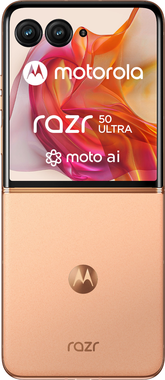 Złożony telefon Motorola Razr 50 Ultra. Górna część pokazuje kamery i logo Motorola. Dolna część jest jaśniejsza.