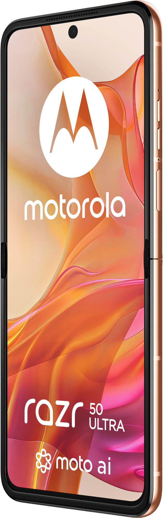 Telefon Motorola Razr 50 Ultra, złożony. Wyświetla logo i kolorowe, abstrakcyjne tło. Telefon jest złoty i czarny.