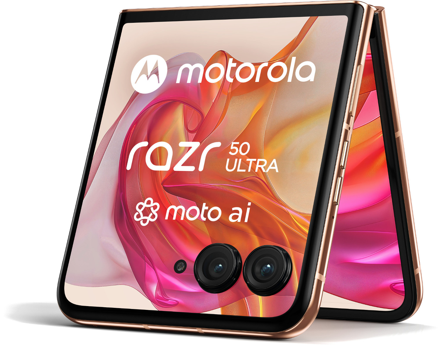 Składany telefon z logo Motorola i napisem 'razr 50 ultra'. Złota ramka i podwójny aparat.