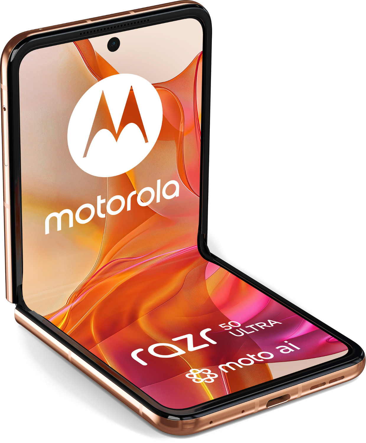 Złoty telefon Motorola Razr 50 Ultra, częściowo otwarty, z logo Motorola i kolorową abstrakcyjną grafiką na ekranie.