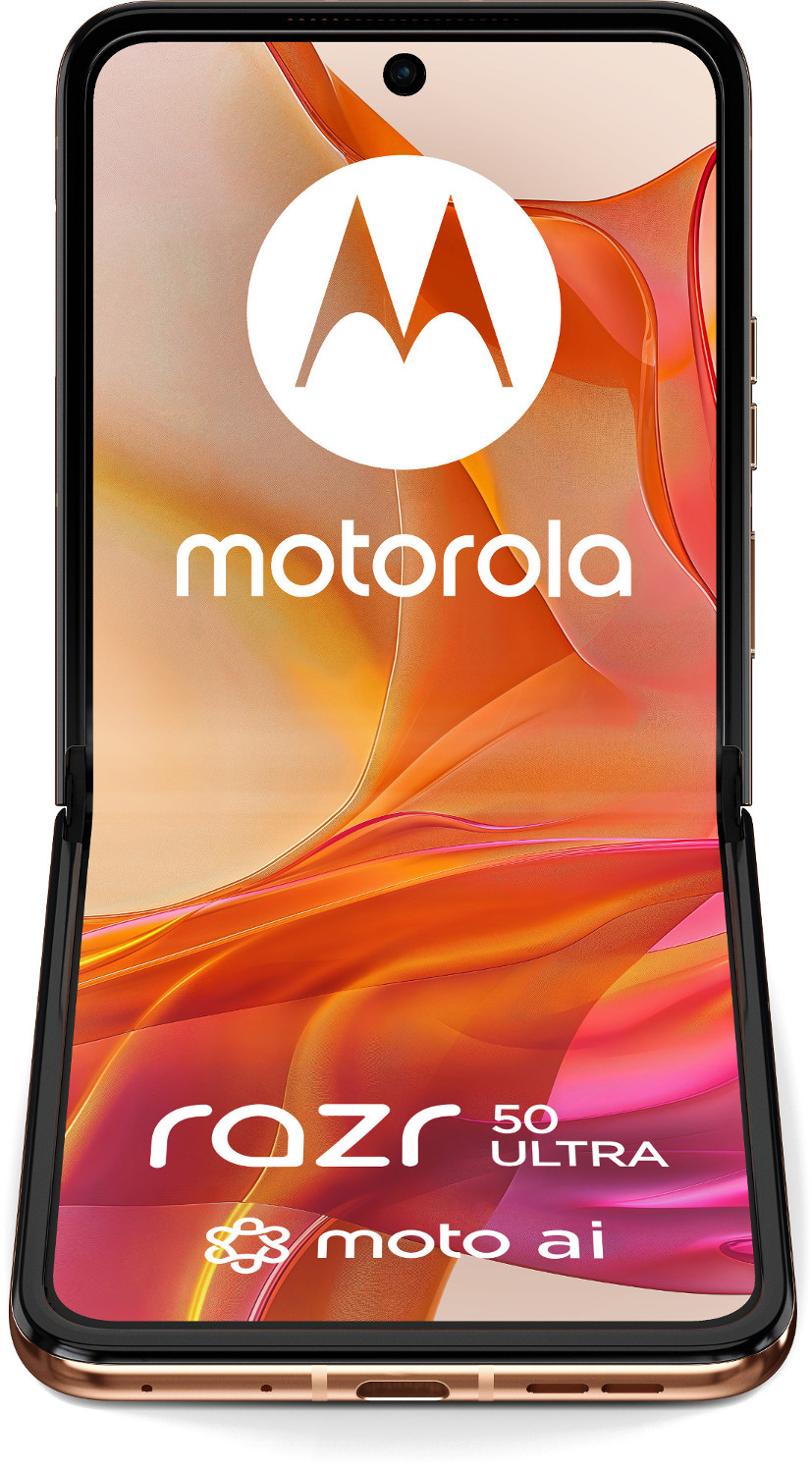 Telefon Motorola Razr 50 Ultra. Ekran wyświetla kolorowy, abstrakcyjny wzór z logo Motorola i informacjami o modelu.