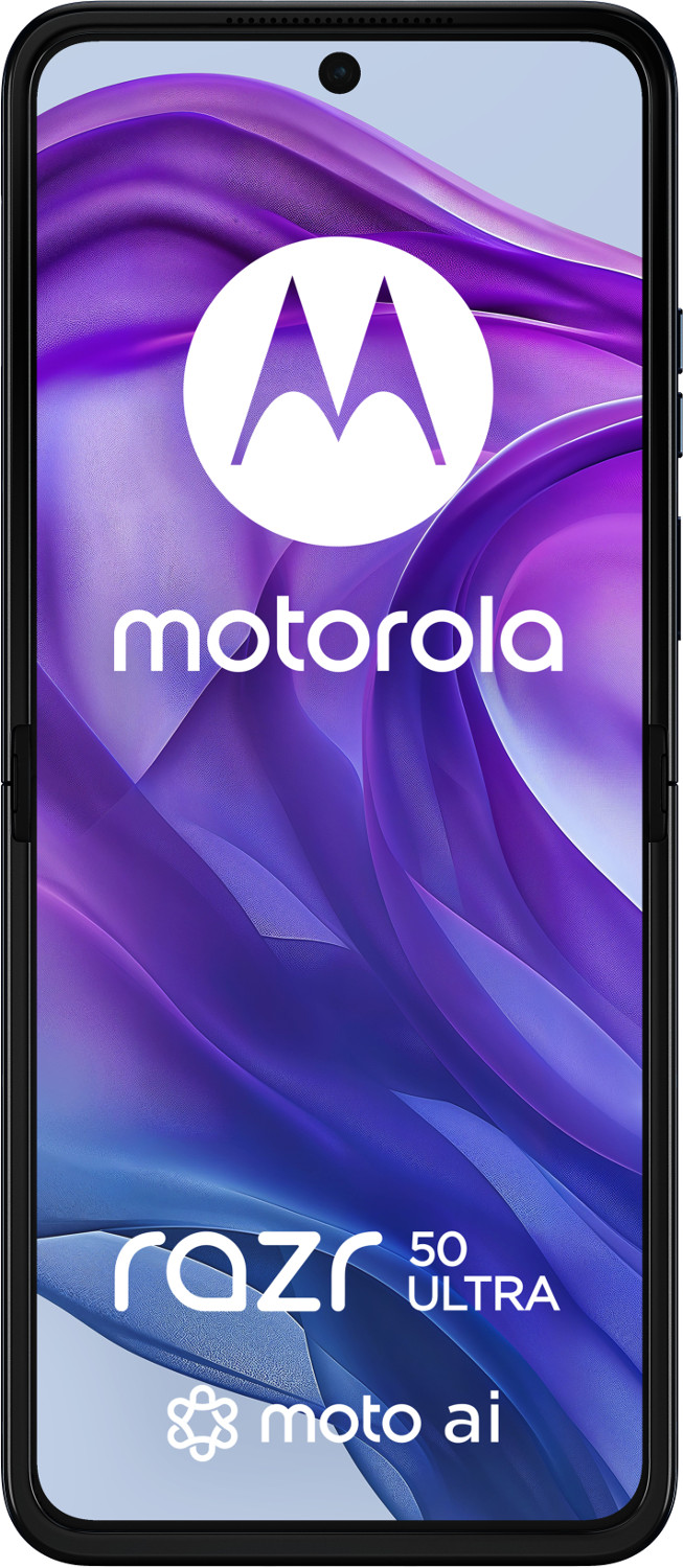 Telefon Motorola Razr 50 Ultra z fioletowym tłem gradientowym, logo u góry.