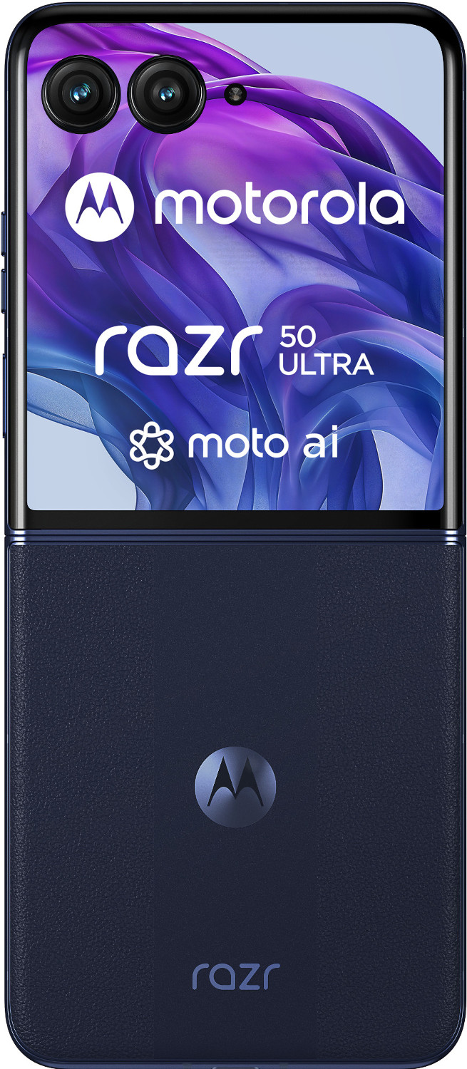 Telefon Motorola Razr 50 Ultra, składana konstrukcja, granatowy kolor, widoczne logo Motorola.