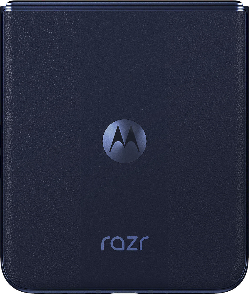 Ciemnoniebieski telefon, zamknięty, z logo Motorola i napisem 'razr'.
