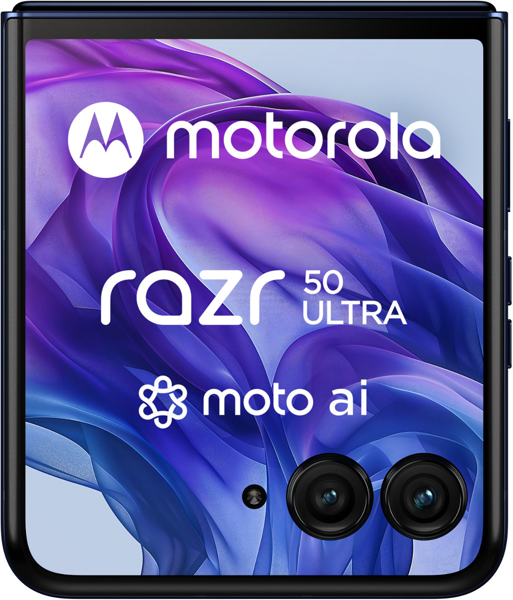 Telefon Motorola Razr 50 Ultra, zamknięty, z logo Motorola i nazwą Razr.