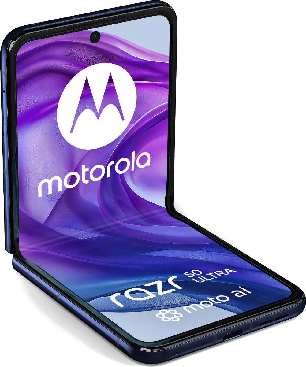 Telefon Motorola Razr 50 Ultra 5G, rozłożony. Ma fioletowy ekran i czarną ramkę.