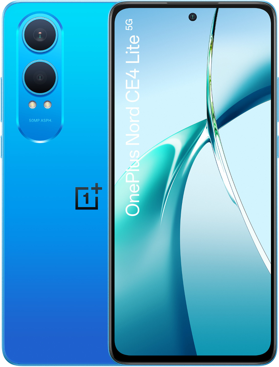 Niebieski telefon komórkowy OnePlus Nord CE4 Lite 5G, widoczne widoki z tyłu i z przodu.