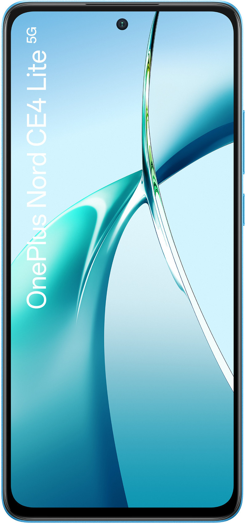 Smartfon z niebieską ramką. Ekran wyświetla niebiesko-fioletowy gradient z tekstem.