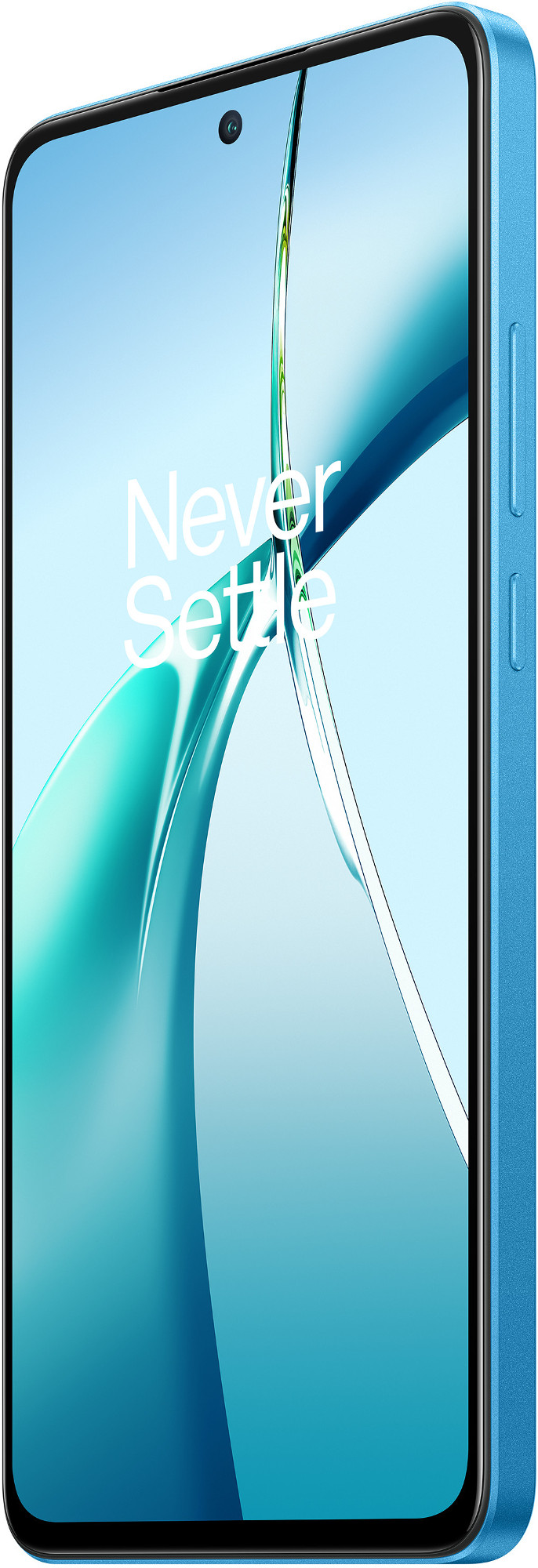 Niebieski smartfon z ekranem wyświetlającym tekst "Never Settle".