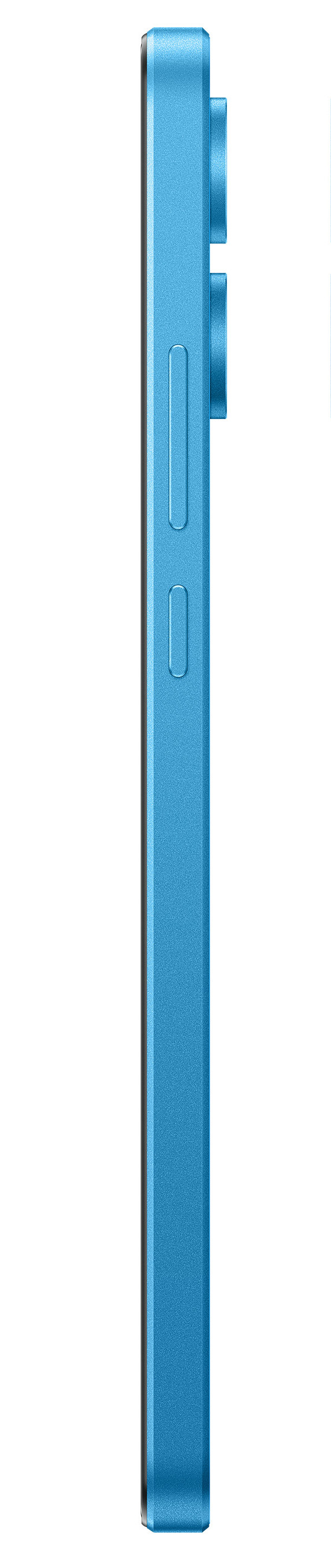 Widok z boku niebieskiego smartfona. Przyciski zasilania i głośności widoczne po prawej stronie telefonu.